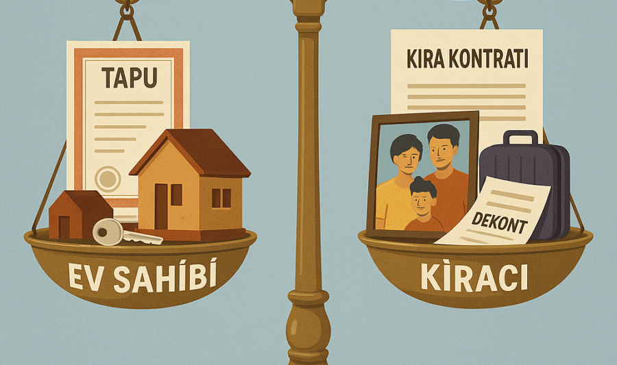 Mal Sahibi ve Kiracı Hakları: Dengede Bir Yaşam Bir adalet terazisinin sol kefesinde ev sahibi haklarını temsil eden tapu, anahtar ve ev maketi; sağ kefesinde kiracı haklarını temsil eden kira sözleşmesi, aile fotoğrafı, bavul ve "dekont" bulunan belge yer alıyor. Terazi dengede duruyor.