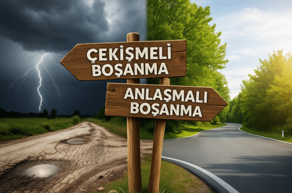 Anlaşmalı ve çekişmeli boşanma türlerini gösteren yol ayrımı tabelası. Fırtınalı yolu gösteren tabelada 'Çekişmeli Boşanma', güneşli ve düzgün yolu gösteren tabelada ise 'Anlaşmalı Boşanma' yazıyor.