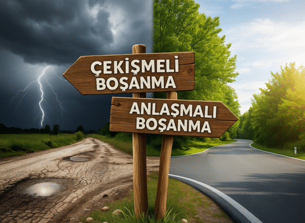 Anlaşmalı ve çekişmeli boşanma türlerini gösteren yol ayrımı tabelası. Fırtınalı yolu gösteren tabelada 'Çekişmeli Boşanma', güneşli ve düzgün yolu gösteren tabelada ise 'Anlaşmalı Boşanma' yazıyor.