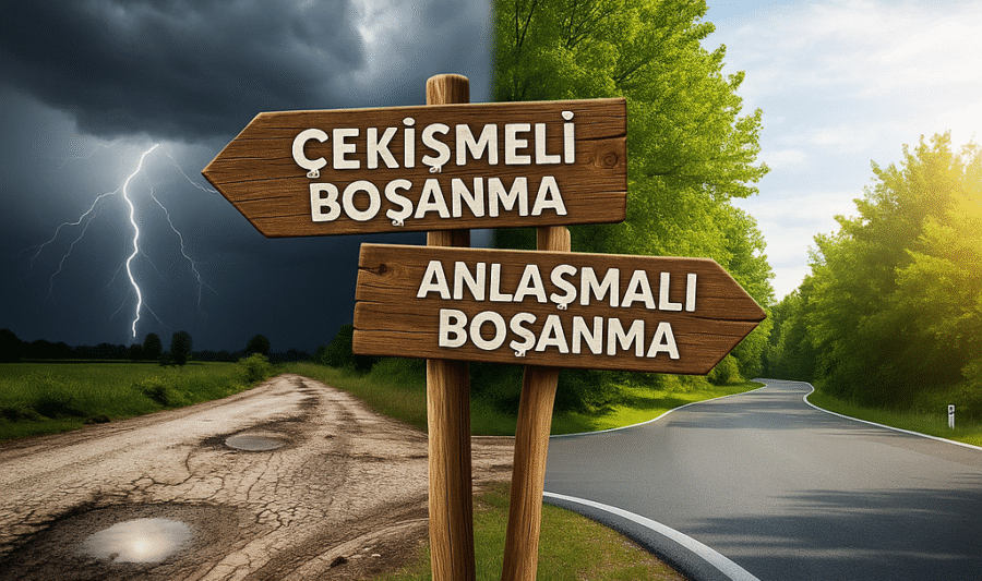 Anlaşmalı ve çekişmeli boşanma türlerini gösteren yol ayrımı tabelası. Fırtınalı yolu gösteren tabelada 'Çekişmeli Boşanma', güneşli ve düzgün yolu gösteren tabelada ise 'Anlaşmalı Boşanma' yazıyor.