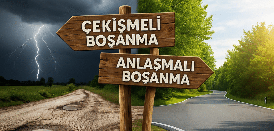 Anlaşmalı ve çekişmeli boşanma türlerini gösteren yol ayrımı tabelası. Fırtınalı yolu gösteren tabelada 'Çekişmeli Boşanma', güneşli ve düzgün yolu gösteren tabelada ise 'Anlaşmalı Boşanma' yazıyor.