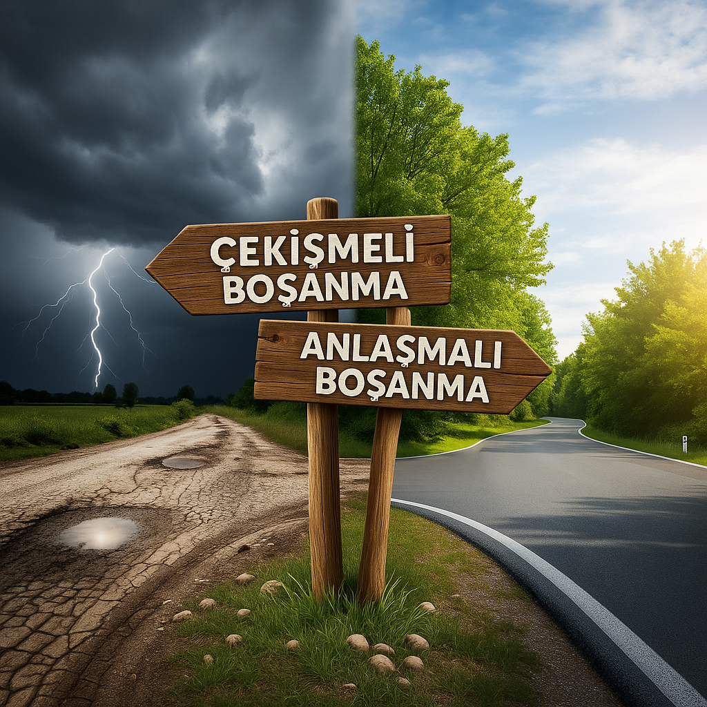 Anlaşmalı ve çekişmeli boşanma türlerini gösteren yol ayrımı tabelası. Fırtınalı yolu gösteren tabelada 'Çekişmeli Boşanma', güneşli ve düzgün yolu gösteren tabelada ise 'Anlaşmalı Boşanma' yazıyor.