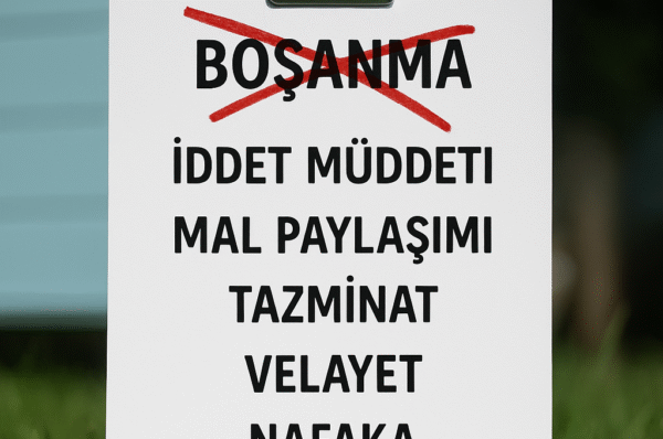 Boşanma kelimesinin üzeri kırmızı çarpıyla çizilmiş, altında iddet müddeti, mal paylaşımı, tazminat, velayet ve nafaka terimlerinin yazılı olduğu beyaz kağıt.