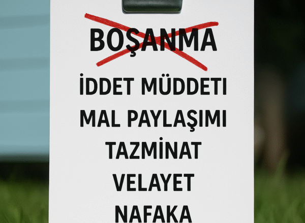 Boşanma kelimesinin üzeri kırmızı çarpıyla çizilmiş, altında iddet müddeti, mal paylaşımı, tazminat, velayet ve nafaka terimlerinin yazılı olduğu beyaz kağıt.