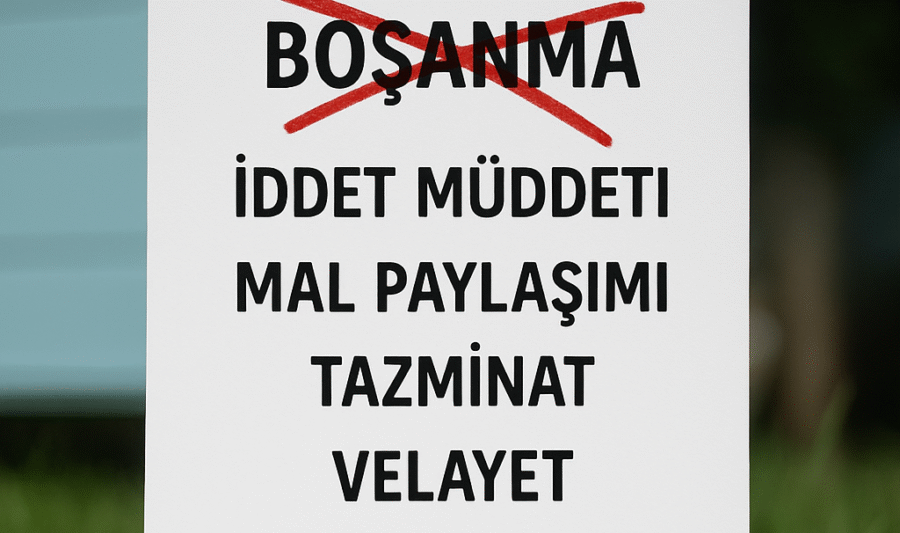 Boşanma Sonrası Hukukî Süreçler Boşanma kelimesinin üzeri kırmızı çarpıyla çizilmiş, altında iddet müddeti, mal paylaşımı, tazminat, velayet ve nafaka terimlerinin yazılı olduğu beyaz kağıt.