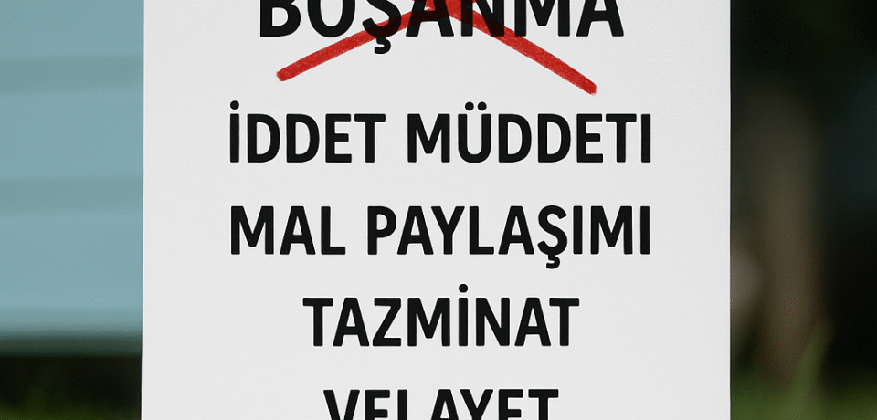 Boşanma kelimesinin üzeri kırmızı çarpıyla çizilmiş, altında iddet müddeti, mal paylaşımı, tazminat, velayet ve nafaka terimlerinin yazılı olduğu beyaz kağıt.