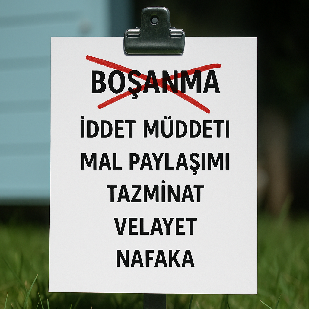 Boşanma kelimesinin üzeri kırmızı çarpıyla çizilmiş, altında iddet müddeti, mal paylaşımı, tazminat, velayet ve nafaka terimlerinin yazılı olduğu beyaz kağıt.
